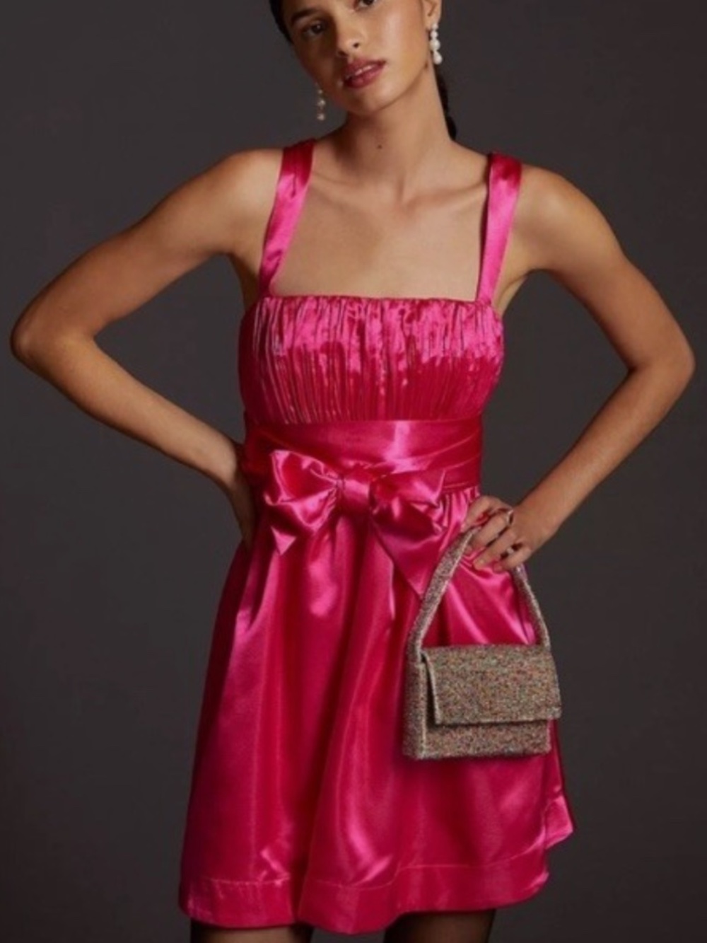 NWT Anthropologie Maeve Satin Bow Tie Dress in Hot Pink Fuchsia Size 8